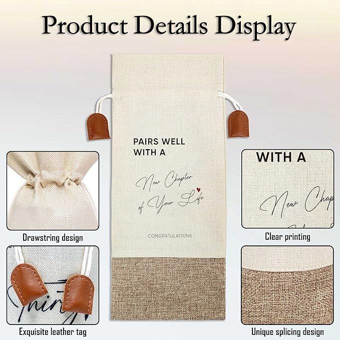 New Chapter Gifts Wine Bag, New Job Wine Champagne Bag, Cotton Linen Wine Gift Bag With Drawstring, Retirement, New Beginning Gifts For Leaving Coworker, Going Away Work Friend-38