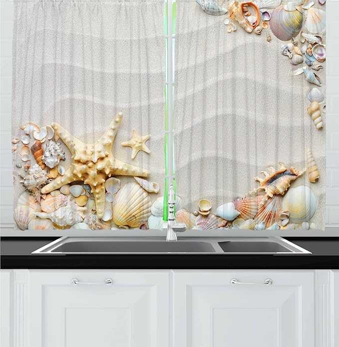 Ambesonne Starfish Kitchen Curtains, Seacoast with Sand with Colorful Various Seashells Tropics Aquatic Wildlife Theme, Window Drapes 2 Panel Set for Kitchen Cafe Decor, 55" x 30", White Coral