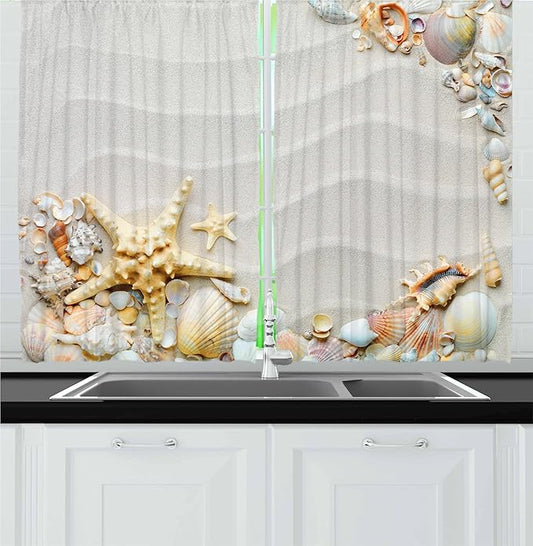 Ambesonne Starfish Kitchen Curtains, Seacoast with Sand with Colorful Various Seashells Tropics Aquatic Wildlife Theme, Window Drapes 2 Panel Set for Kitchen Cafe Decor, 55" x 30", White Coral