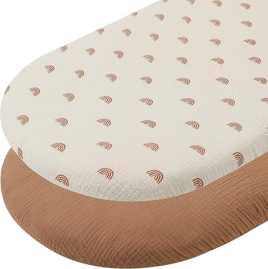 Muslin Bassinet Sheets 30"x 16" Compatible with Fisher-Price Soothing Motions and Dream On Me Lacy Baby Bassinet, 2 Pack 100% Cotton, Natural and Rainbow
