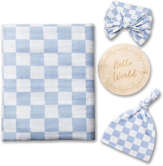 Miaoberry Checkered Muslin Swaddle Set, 100% Organic Cotton, Mist Blue,Checkerboard, Gender-neutral, with matching bow, hat and wooden baby arrival/announcement card