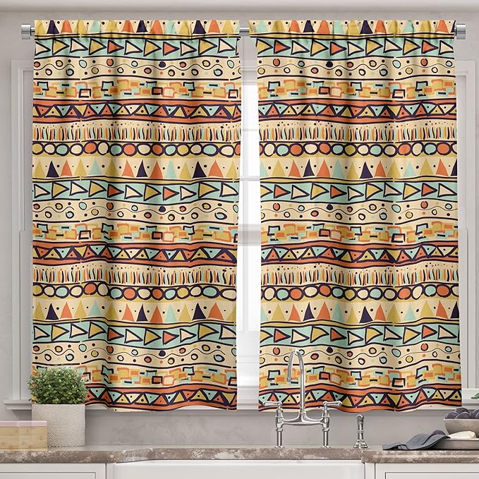 Ambesonne Prehistoric Valance & Tier Curtain 3 pcs Set, Mexican Style Doodles with Triangles Circles Folkloric Geometric Tribal, Window Treatments for Kitchen Room Decor, 55" x 36", Pastel Yellow