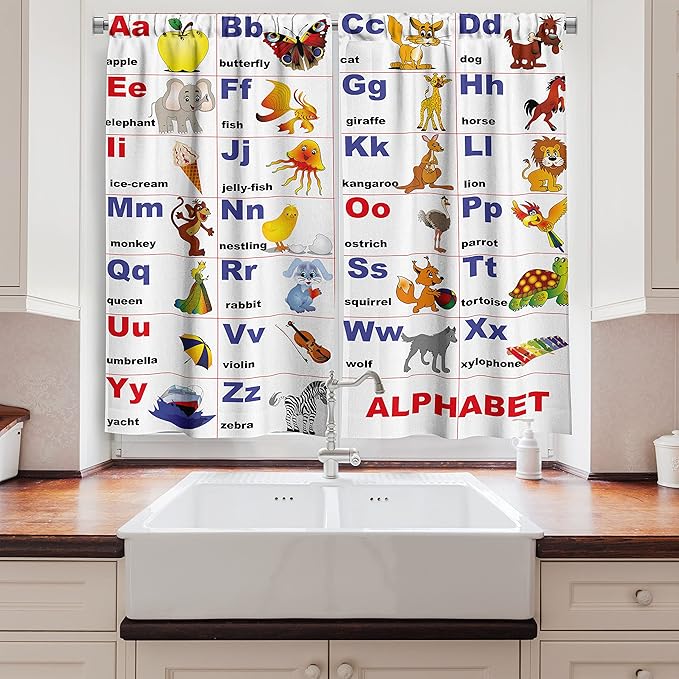 Ambesonne Cartoon Kitchen Curtains, Animals Placed on Letter The Alphabet Chart Themed Illustration Colorful Print, Window Drapes 2 Panel Set for Kitchen Cafe Decor, 55" x 39",Indigo Red