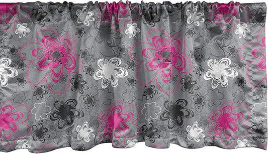 Ambesonne Vintage Floral Window Valance, Vibrant Colored Free Hand Drawing Style Blossoms Antique Retro, Curtain Valance for Kitchen Bedroom Decor with Rod Pocket, 54" X 18", Pink Black