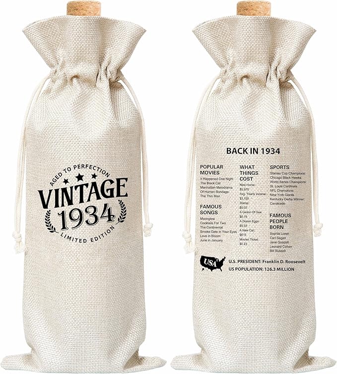 Tedea 90th Birthday Wine Gift Bag, Vintage Back In 1934 Birthday Gift Wine Bag For Women Men, Best Friend, Coworker, Birthday Party Decorations, 1 Pc Wine Bag (G01)