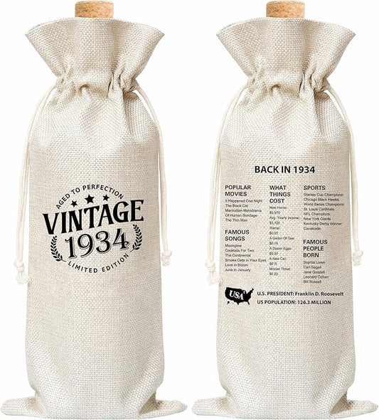 Tedea 90th Birthday Wine Gift Bag, Vintage Back In 1934 Birthday Gift Wine Bag For Women Men, Best Friend, Coworker, Birthday Party Decorations, 1 Pc Wine Bag (G01)