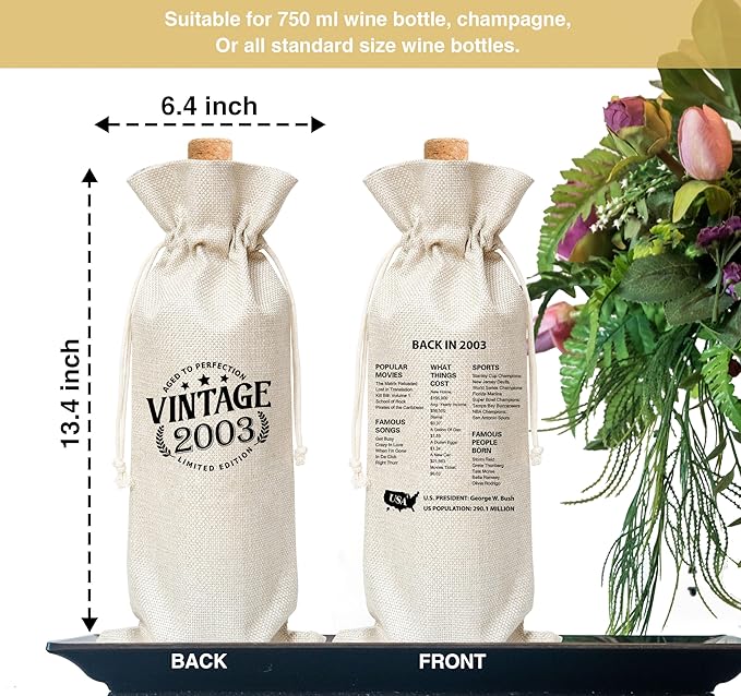 Tedea 21st Birthday Wine Gift Bag, Vintage Back In 2003 Birthday Gift Wine Bag For Women Men, Best Friend, Coworker, Birthday Party Decorations, 1 Pc Wine Bag (G08)