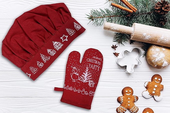 AMOUR INFINI 100% Cotton Christmas Party 5-Piece Kitchen Set Women's Aprons and Oven Mitts|Kid's Aprons, Oven Mitts, and Chef Hats for Kitchen Play, Baking Fun|Thanksgiving,Christmas Gift for Kid's