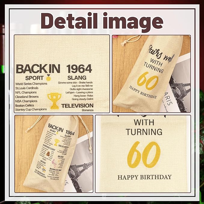 Happy Birthday Wine Bag Gifts - 60th Birthday Gift Ideas Funny Birthday Wine Bag Birthday Gift Drawstring Burlap Wine Bottle Bag for Women Men 60th Birthday Gifts