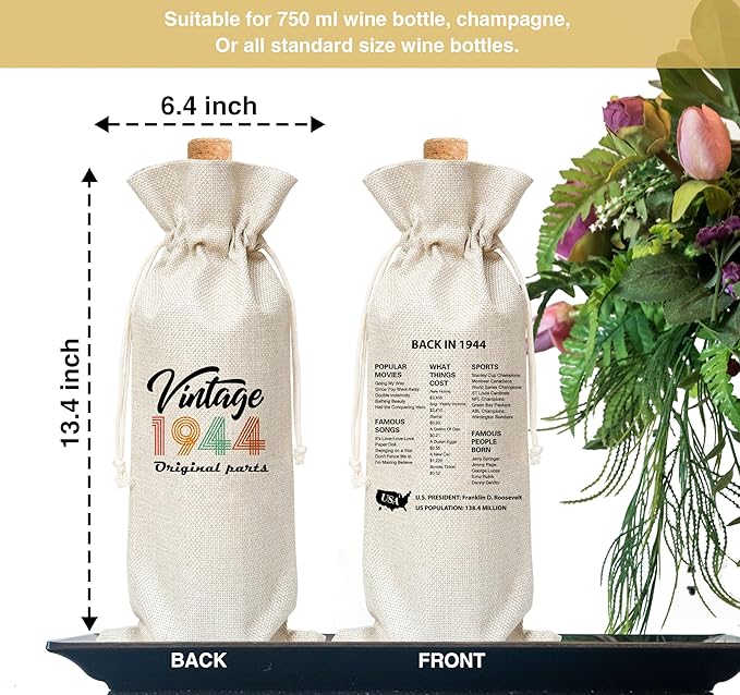 Tedea 80th Birthday Wine Gift Bag, Retro Vintage Back In 1944 Birthday Gift Wine Bag For Women Men, Best Friend, Coworker, Birthday Party Decorations, 1 Pc Wine Bag (G10)