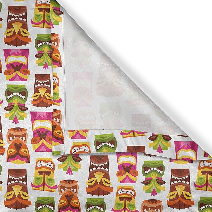 Ambesonne Tiki Bar Valance & Tier Curtain 3 pcs Set, Sixties Retro Inspired Hawaiian Party Happy Tiki Pattern Colorful, Window Treatments for Kitchen Room Decor, 55" x 30", White Brown