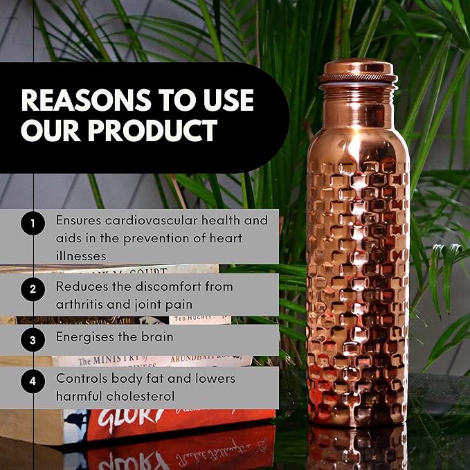 Copper Water Bottle Ayurveda Pure Copper Water Bottle for Drinking 32 oz Antique Black Leak Proof Joint Less Pure Copper Water Bottle with Lid-Purw Water Bottle 950 ML For Gym, Office, Hiking,Travel