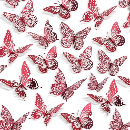 SAOROPEB 3D Butterfly Wall Decor 48 Pcs 4 Styles 3 Sizes, Butterfly Decorations for Butterfly Birthday Decorations Butterfly Party Decorations Cake Decorations, Removable Stickers (Blood Red)