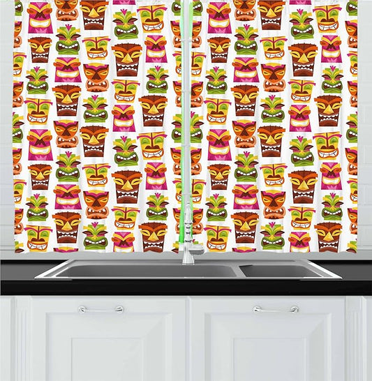 Ambesonne Tiki Bar Kitchen Curtains, Sixties Retro Inspired Hawaiian Party Happy Tiki Pattern Colorful, Window Drapes 2 Panel Set for Kitchen Cafe Decor, 55" x 36", White Brown