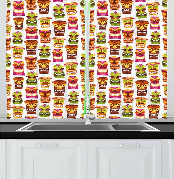 Ambesonne Tiki Bar Kitchen Curtains, Sixties Retro Inspired Hawaiian Party Happy Tiki Pattern Colorful, Window Drapes 2 Panel Set for Kitchen Cafe Decor, 55" x 24", White Brown