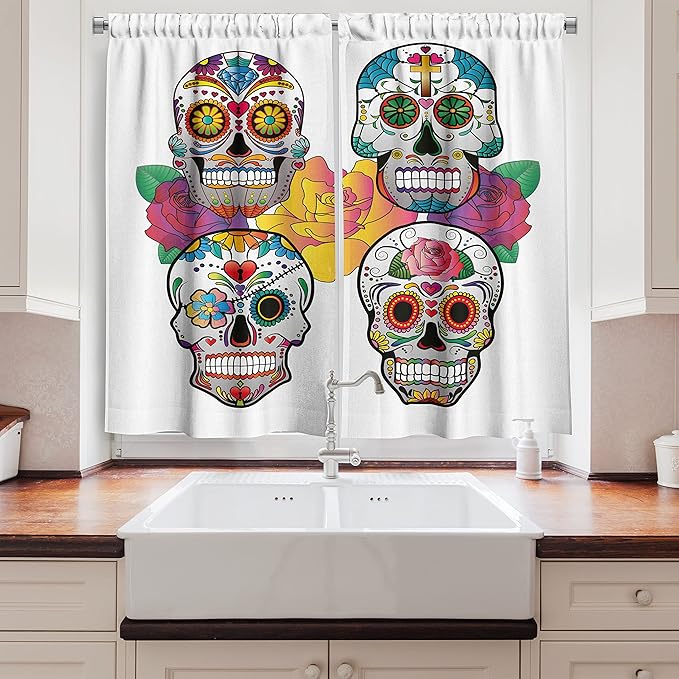 Ambesonne Sugar Skull Kitchen Curtains, Different Types of Skulls Rich and Colorful Ornaments Roses Border Carnival, Window Drapes 2 Panel Set for Kitchen Cafe Decor, 55" x 39", Rainbow