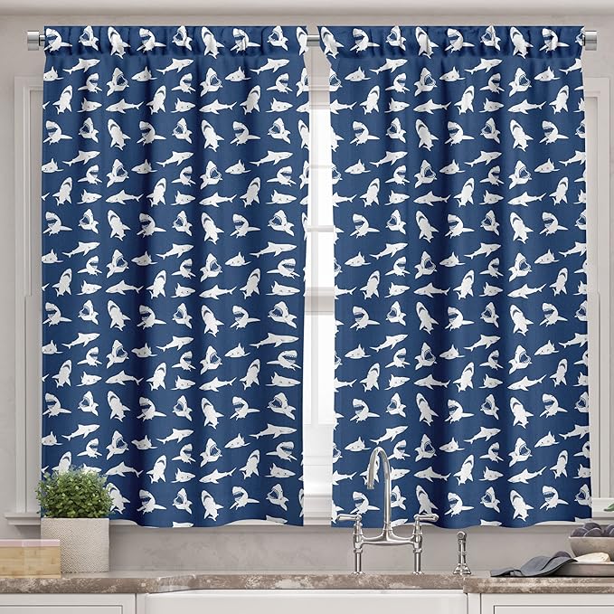 Ambesonne Shark Valance & Tier Curtain 3 pcs Set, Fish Pattern Various Gestures Have a Bite Danger Humor Nautical Design, Window Treatments for Kitchen Room Decor, 55" x 30", Blue Violet
