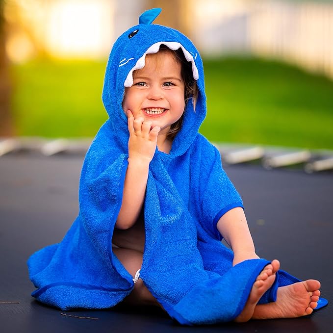 Premium Hooded Towel Poncho for Kids & Toddler - 100% Cotton (Blue Shark)