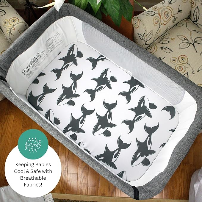 TansyPanda 33 x 20 Bassinet Sheets Compatible with Papablic, Maxi-COSI Iora, Baby Joy, and Many Other Bassinet Bedside Sleepers, 4PC, Ultra Soft, Breathable Snug Fit, Unisex Boys Girls (Ocean Fish)