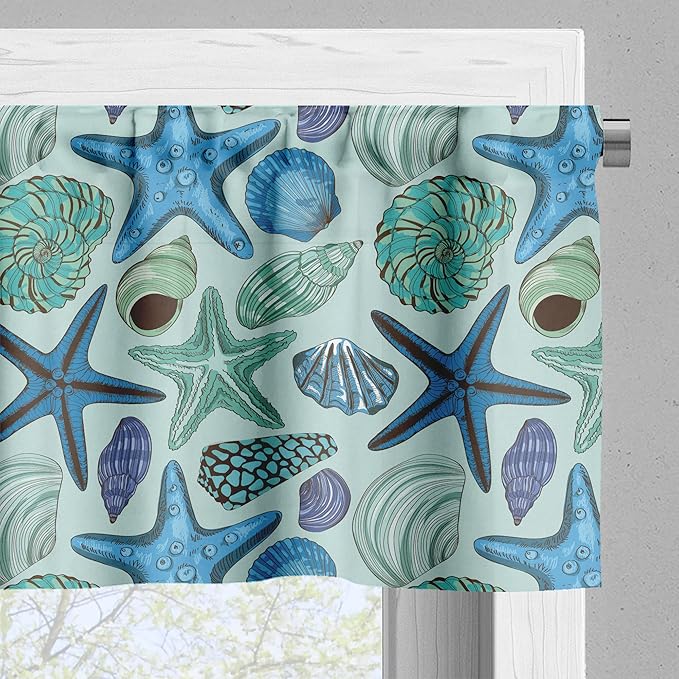 Ambesonne Starfish Valance & Tier Curtain 3 pcs Set, Aquarium Inspired Composition Tropical Seashells and Scallops Cockles and Clams, Window Treatments for Kitchen Room Decor, 55" x 45", Blue Seafoam