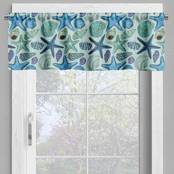 Ambesonne Starfish Valance & Tier Curtain 3 pcs Set, Aquarium Inspired Composition Tropical Seashells and Scallops Cockles and Clams, Window Treatments for Kitchen Room Decor, 55" x 30", Blue Seafoam