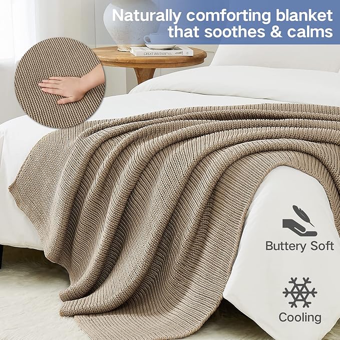 Knitted Weighted Blanket(Beige 60"x80" 20lbs),Home Décor Cooling Throw Blanket for Hot Sleepers,Hand Made Chunky Knit Heavy Blanket for Adults Use on Queen/King Size Bed