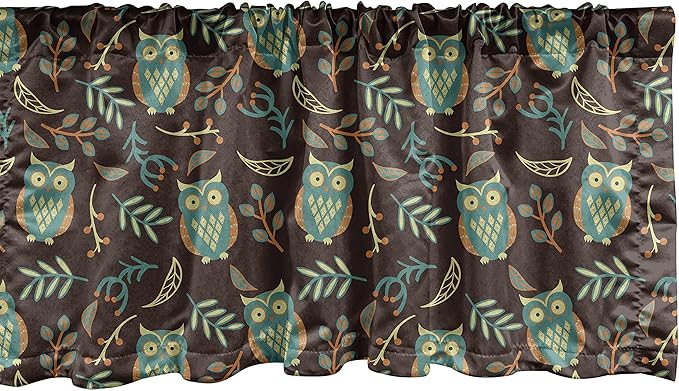 Ambesonne Owl Print Window Valance, Night Birds Leaves Berries Warm Autumn Colors Cartoon, Curtain Valance for Kitchen Bedroom Decor with Rod Pocket, 42" x 18", Brown Green