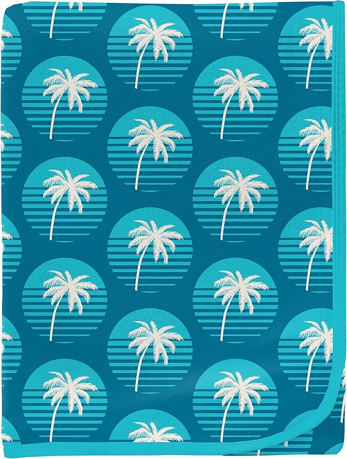 KicKee Print Swaddle Blankets, Silky Soft Baby Blanket, 40” x 29” (Cerulean Blue Palm Tree Sun - One Size)