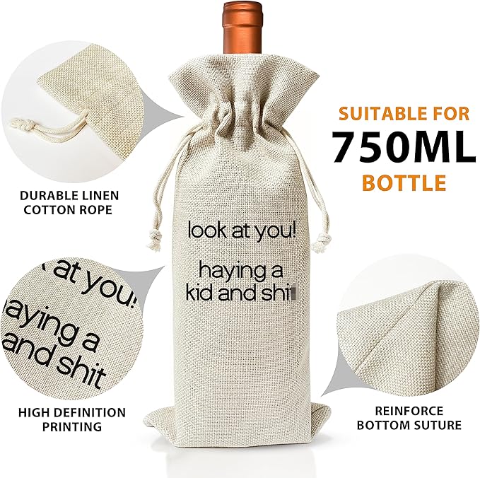 Pregnancy Announcement Wine Gift Bags - New Mom Gift Wine Bags - Cover Bag For Having New Baby - Grandparents - New Parents - Baby shower Party Supplies Favors - Mother's Day Gift - Burlap - HiMo212