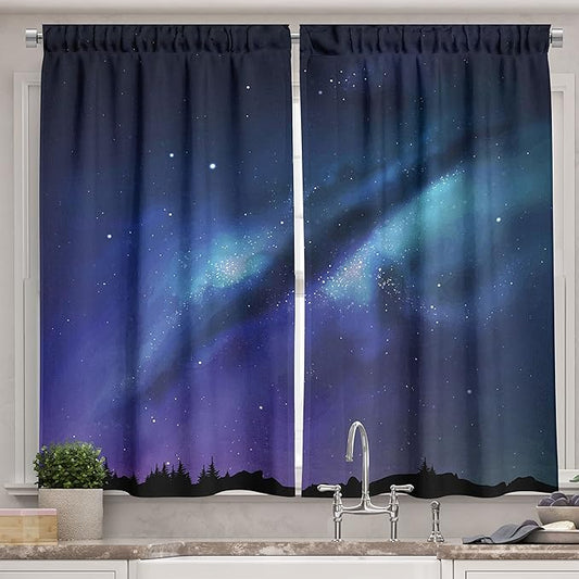 Ambesonne Night Kitchen Curtains, Milky Way Inspired Nebula Cluster Galaxy Cosmos Constellation, Window Drapes 2 Panel Set for Kitchen Cafe Decor, 55" x 39", Blue Black