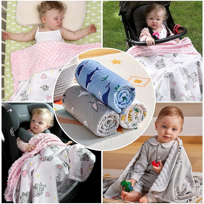 DaysU Silky Micro Soft Plush Baby Blankets Unisex with Print Animal Pattern and Soothing Raised Dots, Double Layer Bed Throws for Toddler Cot, Animal Faces, Grey, 50x60 Inches
