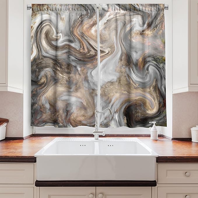 Ambesonne Marble Kitchen Curtains, Retro Style Paintbrush Colors in Marbling Texture Watercolor Artwork, Window Drapes 2 Panel Set for Kitchen Cafe Decor, 55" x 39", Sand Brown