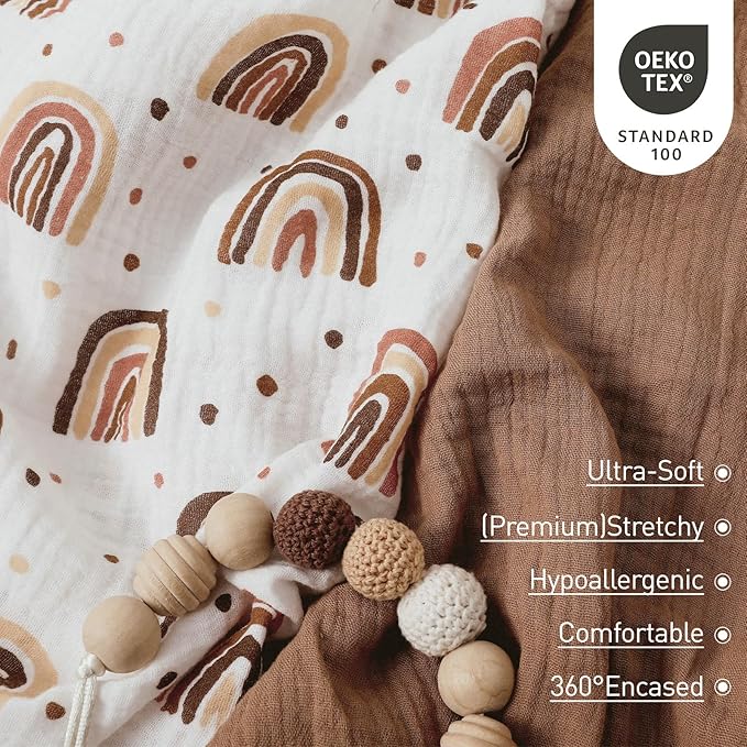 Muslin Bassinet Sheets 2 Pack for Baby Boy and Girl, Breathable Elastic Cozy Fitted Cotton Bassinet Mattress Sheet, Universal Fit for Hourglass Oval and Rectangle Bassinet Mattress (Cute Rainbow)