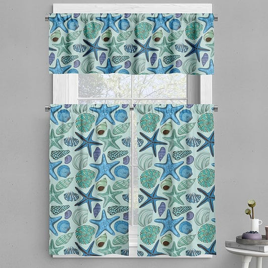 Ambesonne Starfish Valance & Tier Curtain 3 pcs Set, Aquarium Inspired Composition Tropical Seashells and Scallops Cockles and Clams, Window Treatments for Kitchen Room Decor, 55" x 24", Blue Seafoam