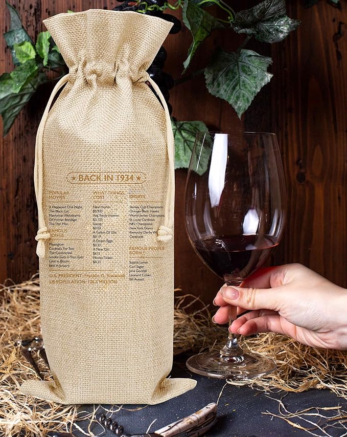 Disfuco 90th Birthday Wine Gift Bag, 1934 Birthday Gift Wine Bag, Burlap Wine Bottle Cover Bag For Women Men, Friends, Daughter, Son, Newphew, Niece, 1 Pc (B08)
