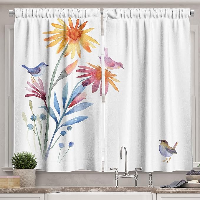 Ambesonne Watercolor Kitchen Curtains, Springtime Flowers with Birds Unusual Color Scheme Brush Effect, Window Drapes 2 Panel Set for Kitchen Cafe Decor, 55" x 39", Blue