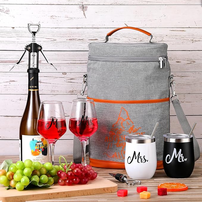 Berlune 12 Pcs Wedding Gifts for Couple 2024 Wine Gifts Set for Wedding Bridal Shower Gifts Anniversary Engagement Gifts for Newlyweds Mr and Mrs Gift Wine Cooler Tote Bag Wine Accessories Gifts Set