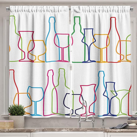 Ambesonne Wine Kitchen Curtains, Colorful Outline Bottles and Glasses Bar Party Drink Cocktails Modern Fun Pattern, Window Drapes 2 Panel Set for Kitchen Cafe Decor, 55" x 39", Pink Green