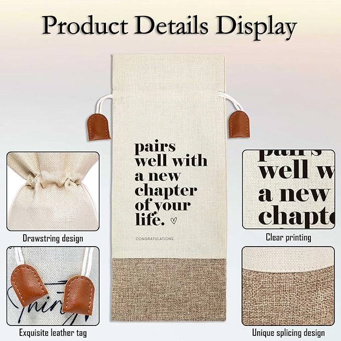 New Chapter Gifts Wine Bag, New Job Wine Champagne Bag, Cotton Linen Wine Gift Bag With Drawstring, Retirement, New Beginning Gifts For Leaving Coworker, Going Away Work Friend-16