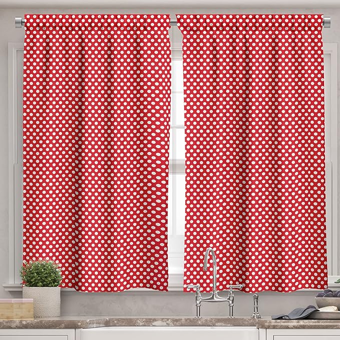 Ambesonne Retro Valance & Tier Curtain 3 pcs Set, 50s 60s Iconic Pop Art Style Big White Polka Dots Picnic Vintage Old Theme Image, Window Treatments for Kitchen Room Decor, 55" x 45", Vermilion White