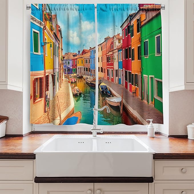 Ambesonne Venice Kitchen Curtains, Colorful Buildings and Water Canal with Boats Burano Island in The Venetian Lagoon, Window Drapes 2 Panel Set for Kitchen Cafe Decor, 55" x 39", Colorful
