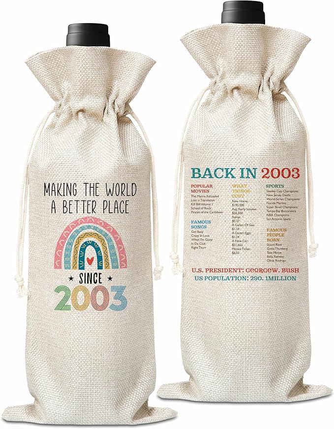 21st Birthday Gift For Women Men, Back In 2003 Birthday Wine Bag, Boho Rainbow Birthday Party Decoration Wine Bag Gifts, Happy 21st Birthday Decor For Mom Dad Grandma Grandpa, A01
