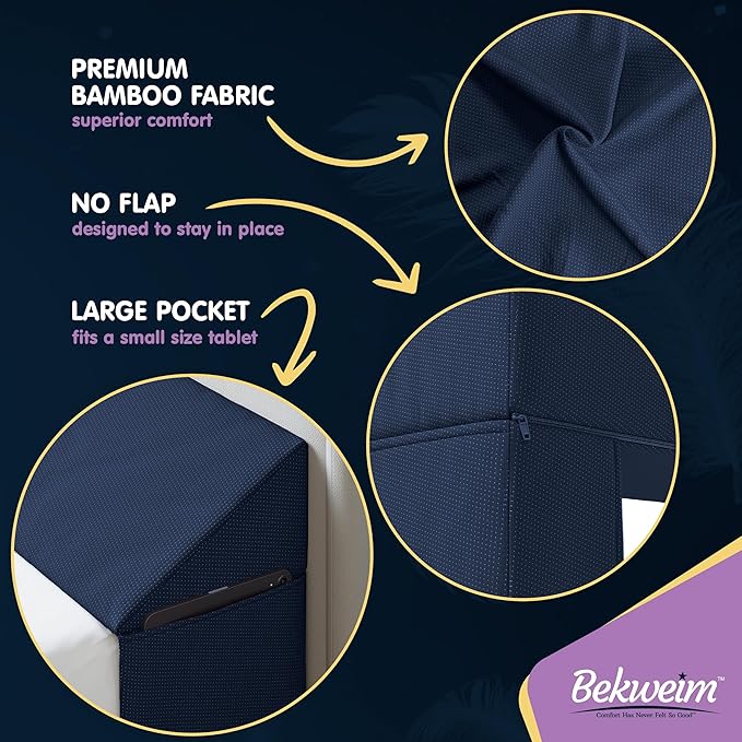 Wedge Pillow Headboard Bed Gap Filler Full - Headboard Pillow Full Size 54 X 10 X 6 - Long Pillow for Bed Wedge Gap Filler with Large Pocket for Bed Accessories - Mattress Gap Filler (Navy)