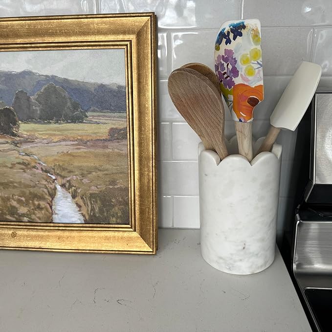 Scalloped Marble Wine Chiller - 750ml Wine Bottle Cooler & Chiller for Party, Bar Cart & Kitchen Decor Keeps Wine & Bottle Cold - Multi-Purpose Marble Utensil Holder for Kitchen Counter