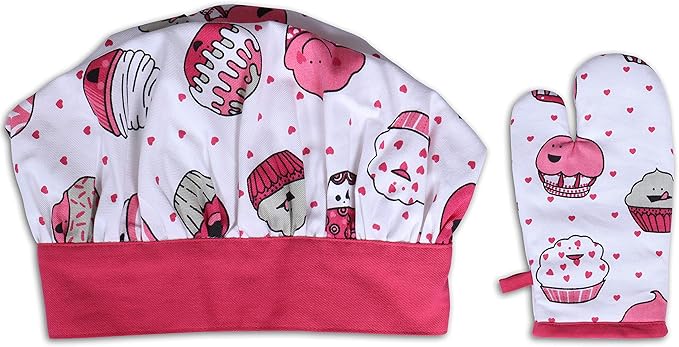 AMOUR INFINI 100% Cotton Cup Cake 3-Piece Kitchen Set Kid's Aprons, Oven Mitts, and Chef Hats Kitchen Play, Cooking, Grilling, Baking Birthday Gift for Girls, Boys & Young Chefs