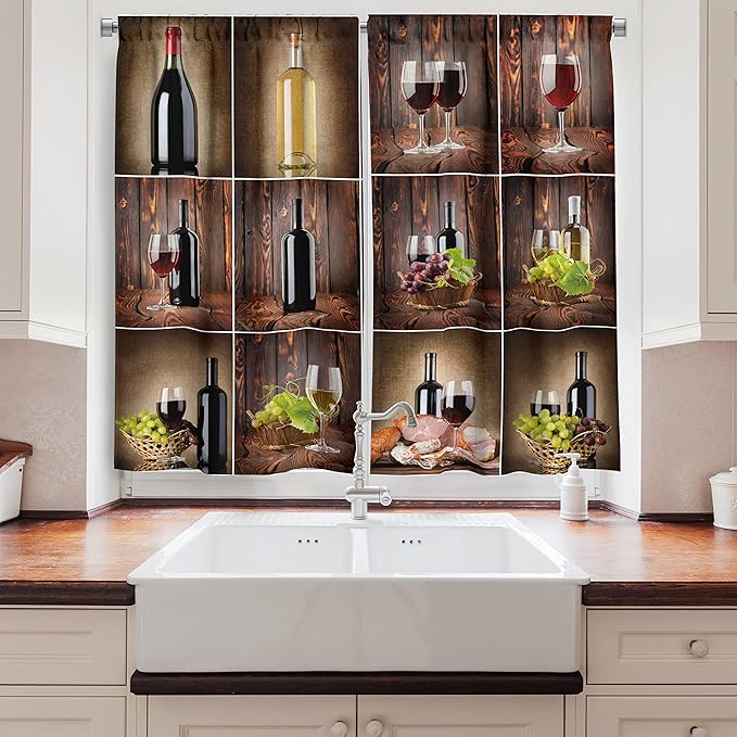 Ambesonne Wine Kitchen Curtains, Wine Themed Collage on Wooden Backdrop with Grapes and Meat Rustic Country Drink, Window Drapes 2 Panel Set for Kitchen Cafe Decor, 55" x 39", Brown Black