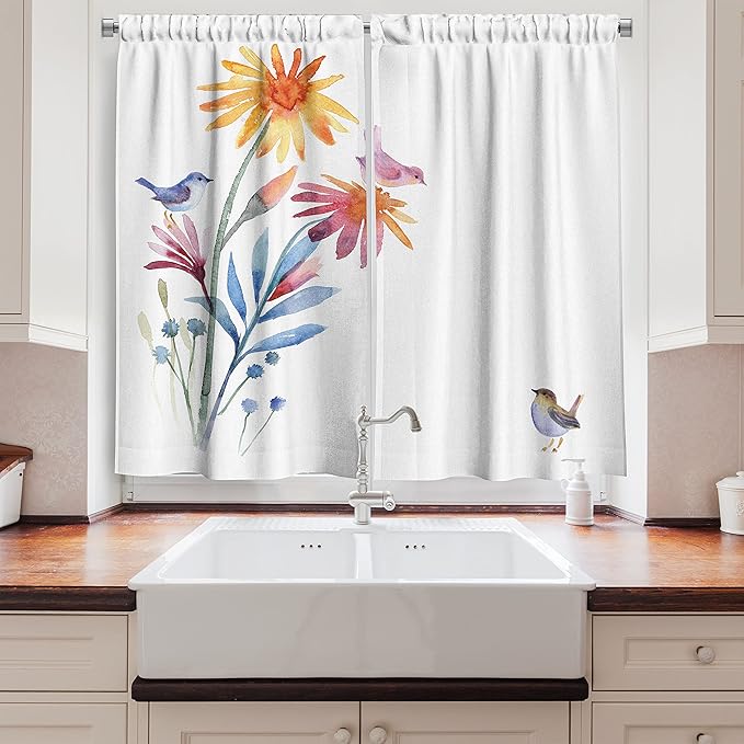Ambesonne Watercolor Kitchen Curtains, Springtime Flowers with Birds Unusual Color Scheme Brush Effect, Window Drapes 2 Panel Set for Kitchen Cafe Decor, 55" x 39", Blue