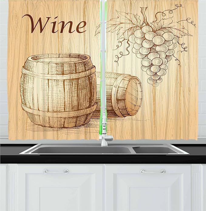 Ambesonne Wine Kitchen Curtains, Wooden Barrels and Bunch of Grapes on Wood Backdrop Botany Harvest Theme Artwork, Window Drapes 2 Panel Set for Kitchen Cafe Decor, 55" x 30", Brown Peach