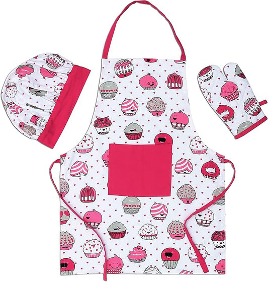 AMOUR INFINI 100% Cotton Cup Cake 3-Piece Kitchen Set Kid's Aprons, Oven Mitts, and Chef Hats Kitchen Play, Cooking, Grilling, Baking Birthday Gift for Girls, Boys & Young Chefs