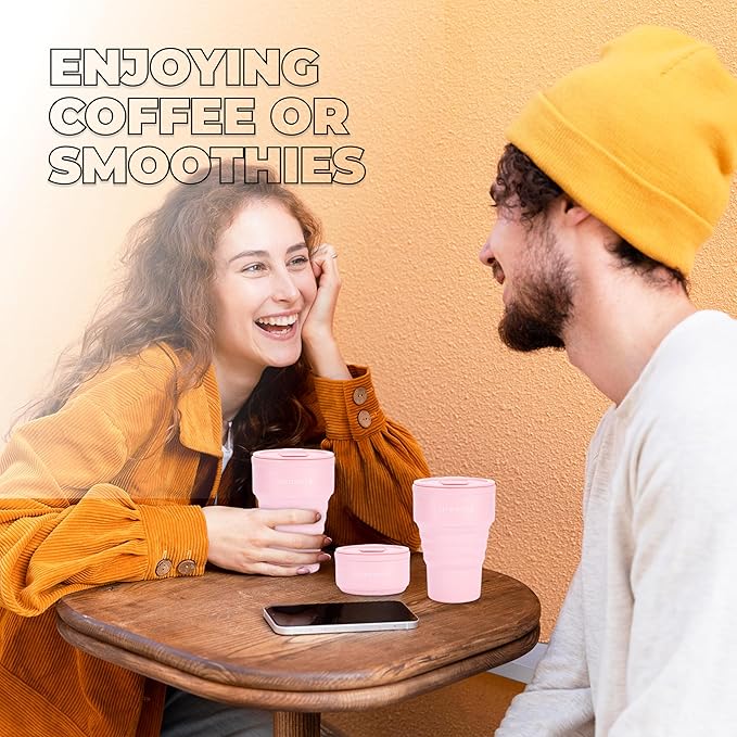 HYDRATE Collapsible Cups for Traveling - Coffee Mug - 400ml Reusable Cup with Lid for Camping, and On-the-Go Adventures - Portable Silicone Coffee Mug for Hot Drinks - Easy to Clean - Pink